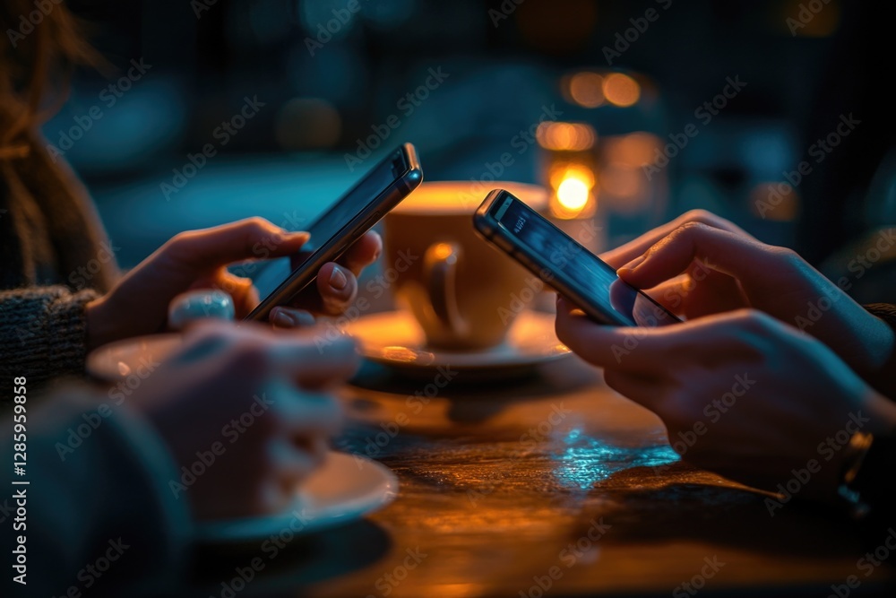 Two individuals seated at a table, each engaged with their mobile devices Two individuals seated at a table, each engaged with their mobile devices