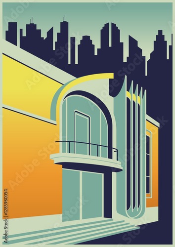 Streamline Moderne Architectural Poster, Streamline Style Building. 1930s - 1940s Style Illustrations