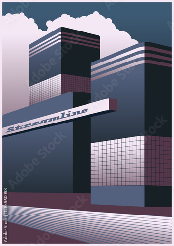 Streamline Moderne Architectural Poster, Streamline Style Building. 1930s - 1940s Style Illustrations