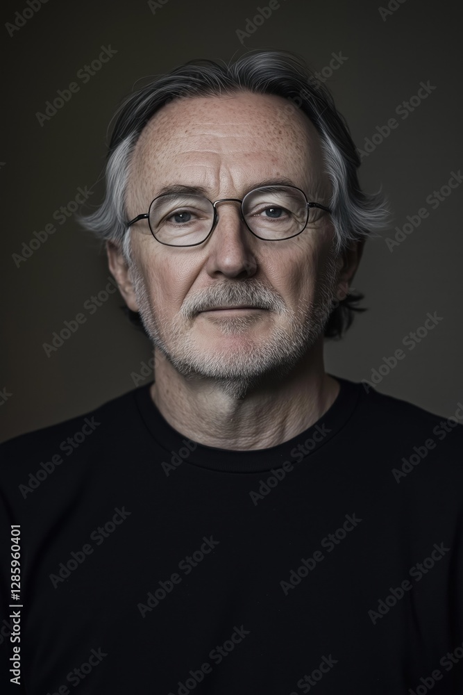 Obraz premium Thoughtful senior man with a gentle expression and distinguished features in moody lighting.