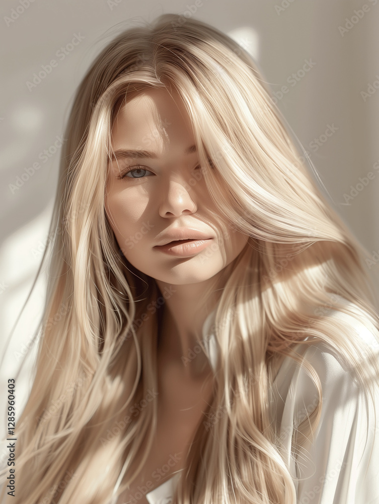 A stunning blonde woman with long, flowing hair illuminated by soft natural light, showcasing elegance and beauty. A stunning blonde woman with long, flowing hair illuminated by soft natural light, showcasing elegance and beauty.