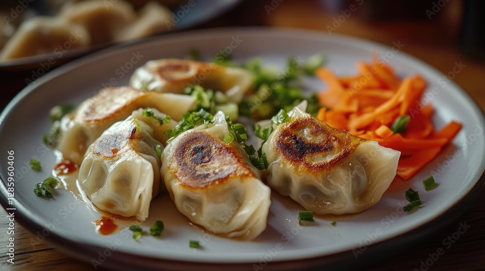 A plate of steaming hot dumplings served with fresh carrots, perfect for a cozy meal A plate of steaming hot dumplings served with fresh carrots, perfect for a cozy meal