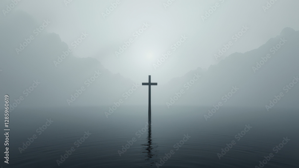 A tranquil beach scene with a Christian cross at sunrise. A tranquil beach scene with a Christian cross at sunrise.