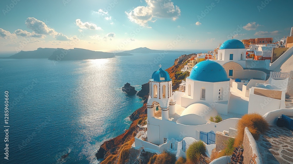 Fototapeta premium A stunning view of Santorini, Greece, featuring white buildings with blue domes overlooking the deep blue sea, under a bright sky.
