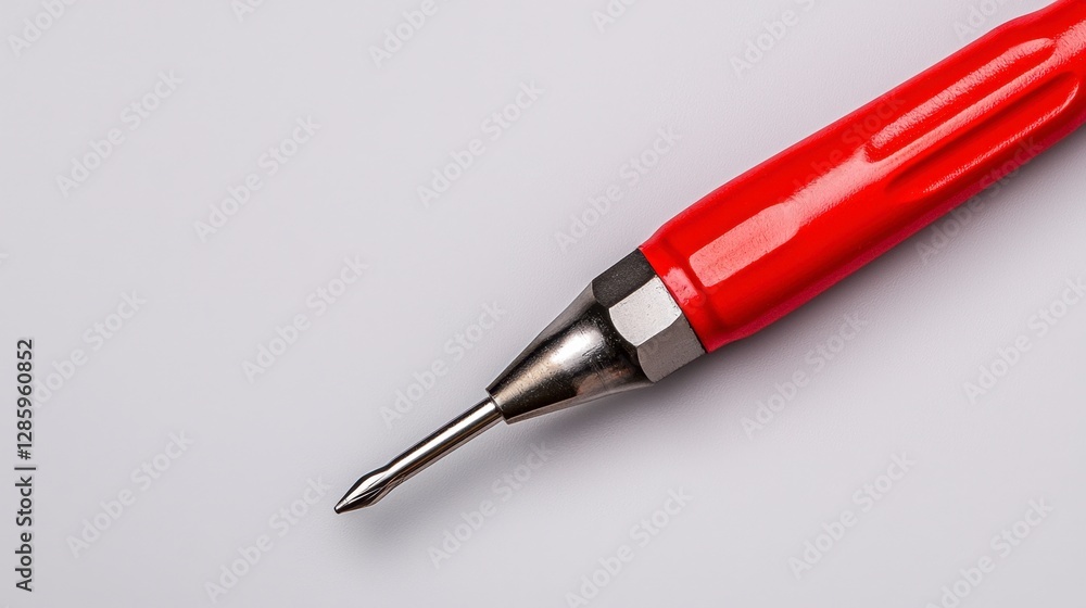 Close-up of a red pen with a black tip and a metallic screwdriver on a work surface Close-up of a red pen with a black tip and a metallic screwdriver on a work surface