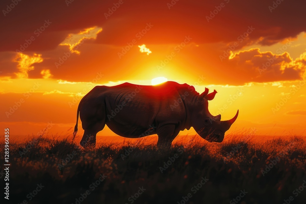 Fototapeta premium Silhouette of a rhinoceros at sunset in African savanna. Majestic wildlife scene.