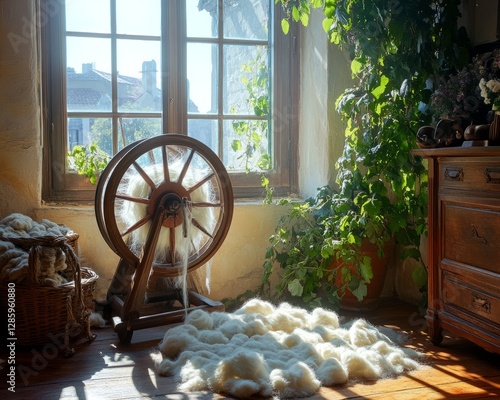 Sunlit room with spinning wheel and wool for traditional craft photo