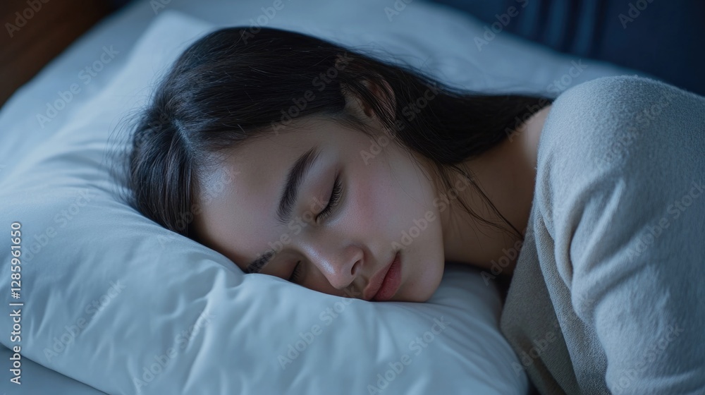 A woman rests peacefully on a white pillow, showcasing her relaxed state A woman rests peacefully on a white pillow, showcasing her relaxed state