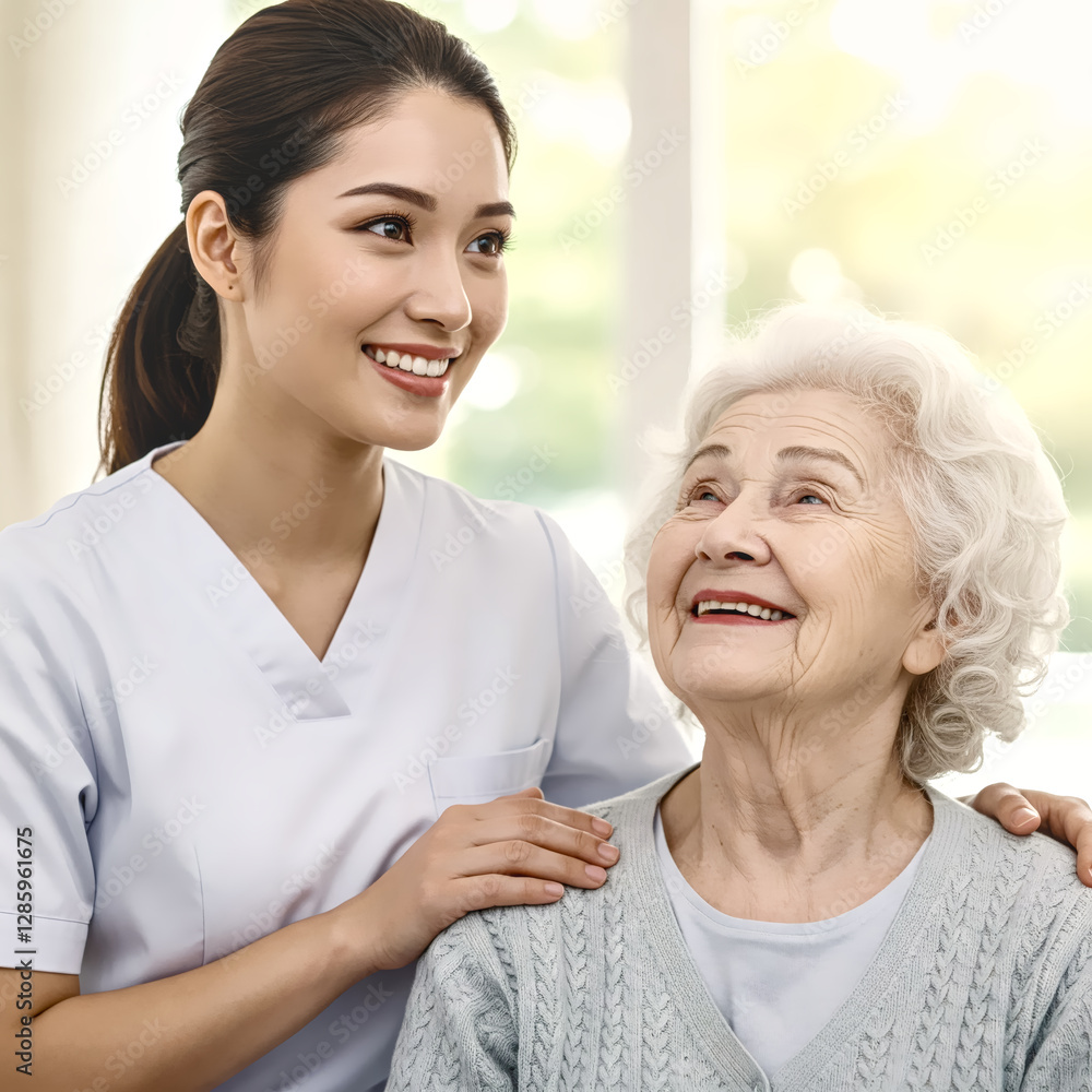 A Caring Touch: A young caregiver looks adoringly at her senior patient, offering support and comfort, a symbol of compassion, trust, and the value of elderly care. A Caring Touch: A young caregiver looks adoringly at her senior patient, offering support and comfort, a symbol of compassion, trust, and the value of elderly care.