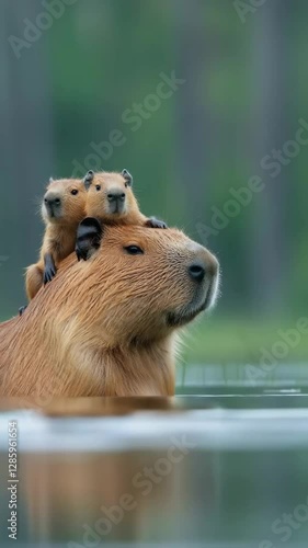 Capybara relaxes in calm waters with two baby animals enjoying a playful moment atop its back. Wetland atmosphere is serene and harmonious.