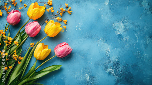 Pink and yellow tulips on a blue background. Banner for Mother's Day, Birthday,