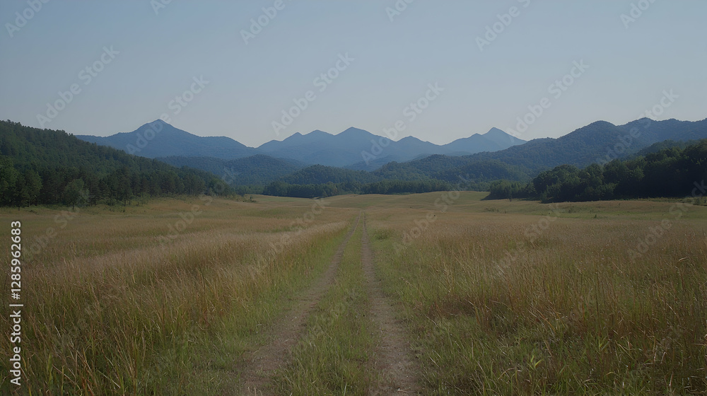 Obraz premium Dirt path winds through a vast grassy valley toward distant blue mountains under a clear sky.