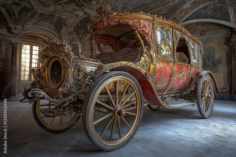 Abandoned car in a large room with minimal decorations Abandoned car in a large room with minimal decorations