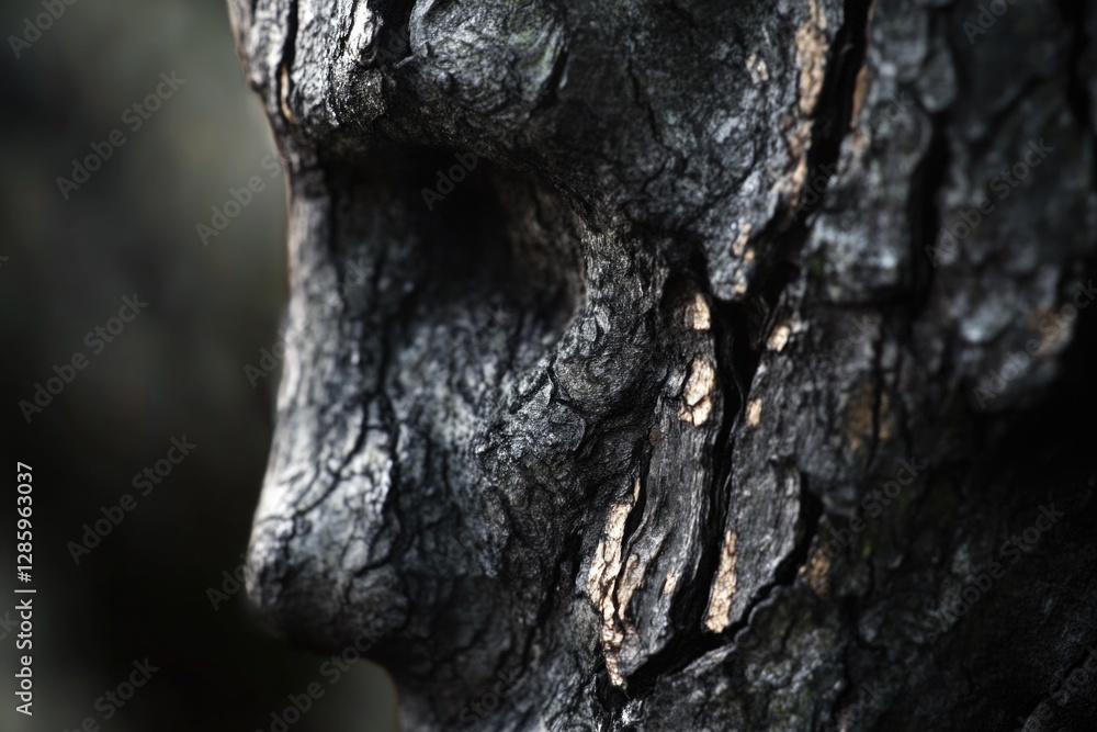 Fototapeta premium A person's face is intricately carved into the rough surface of a tree