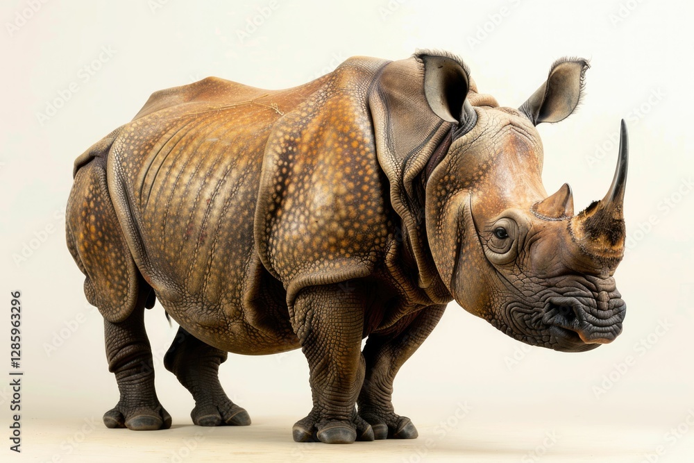 Fototapeta premium A majestic Indian rhinoceros, showcasing its thick, textured skin and prominent horn, stands against a clean white background.