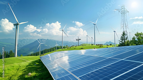 Renewable energy landscape featuring solar panels and wind turbines under a clear blue sky (3)
