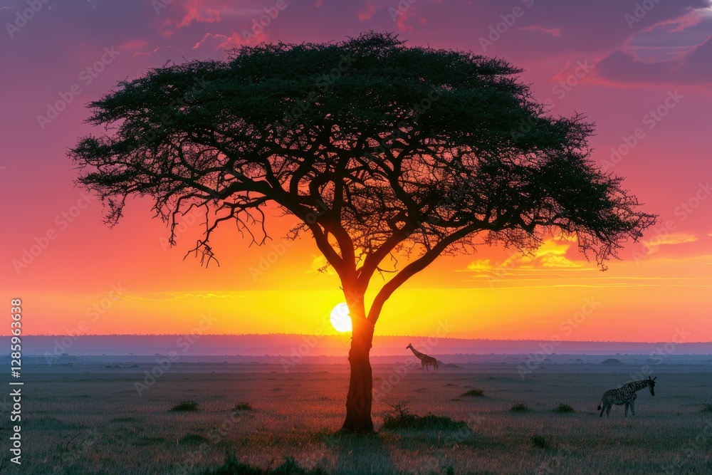 Silhouetted acacia tree at sunset with giraffes in the African savanna. Silhouetted acacia tree at sunset with giraffes in the African savanna.