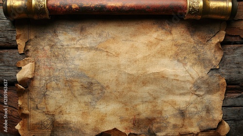 An Old Antique Map Scroll On Rustic Wooden Texture