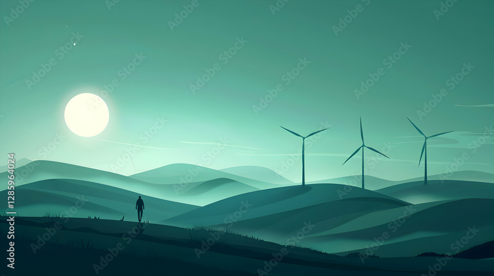 Obraz premium Serene landscape at dusk with a lone figure walking among wind turbines under a large moon