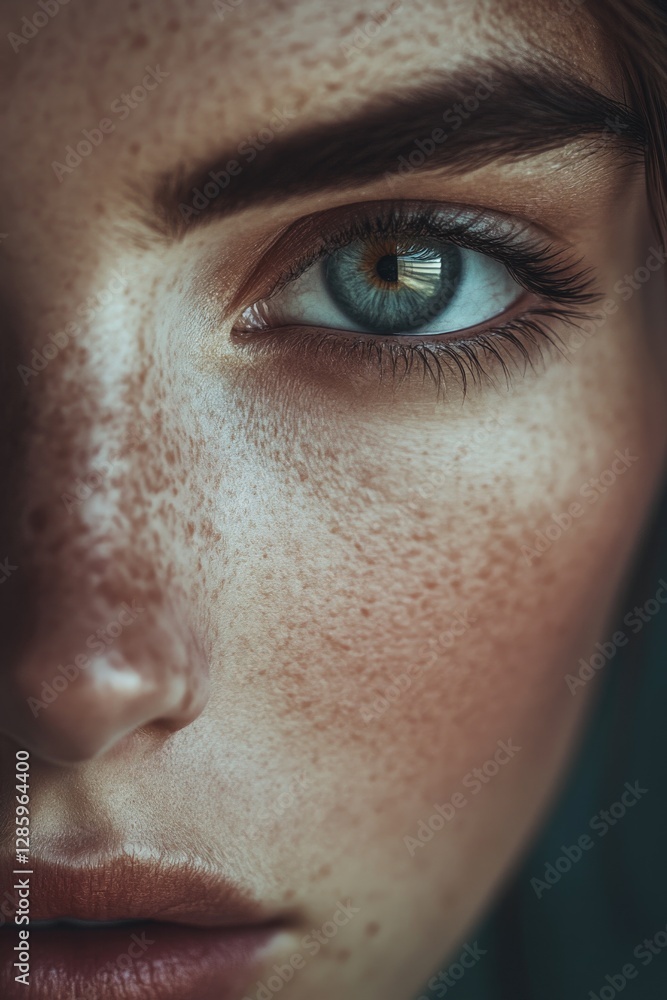 Naklejka premium A close-up shot of a woman's face featuring freckles, perfect for personal or commercial use