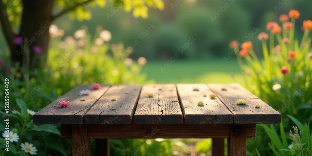 Fototapeta premium Rustic Wooden Table in a Sunlit Garden with Delicate Wildflowers Scattered Across Its Weathered Surface