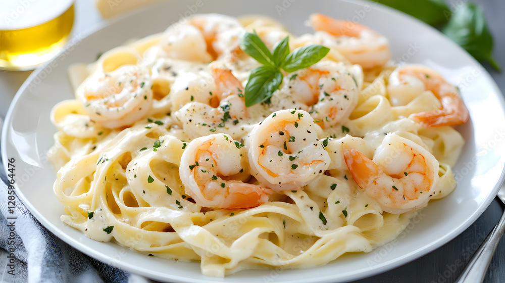 The photo shows all applicable creamy pasta with shrimp
The photo shows all applicable creamy pasta with shrimp