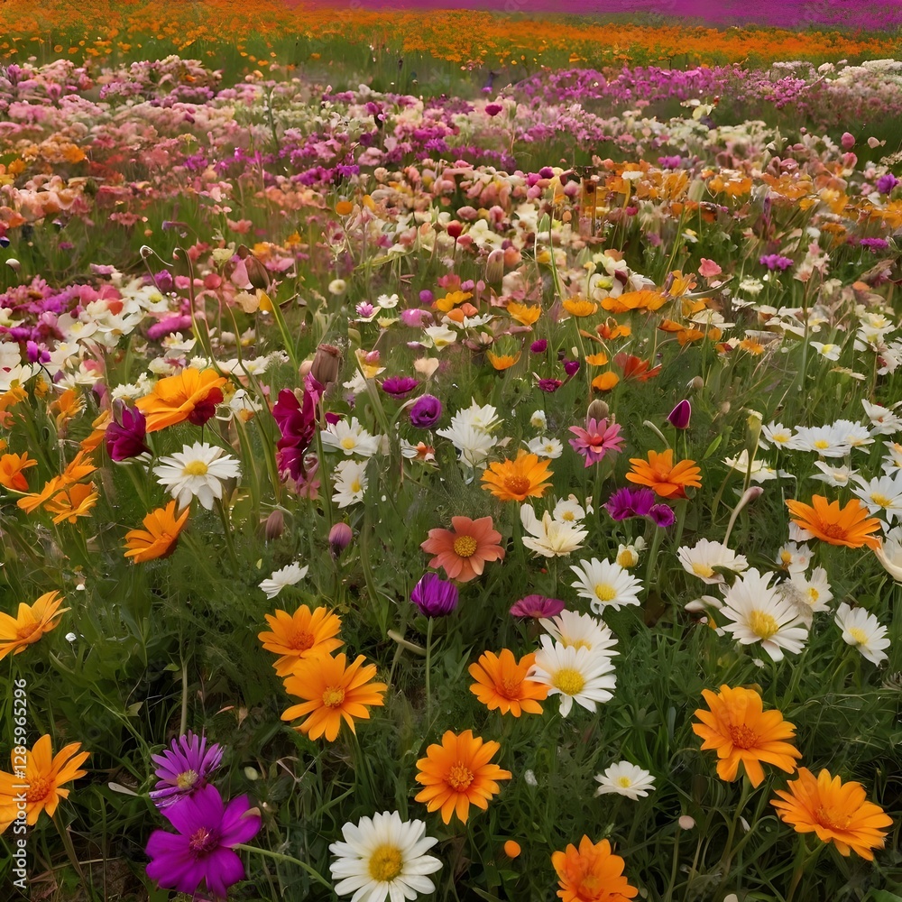 Fototapeta premium A large field of flowers is spread out on the grass