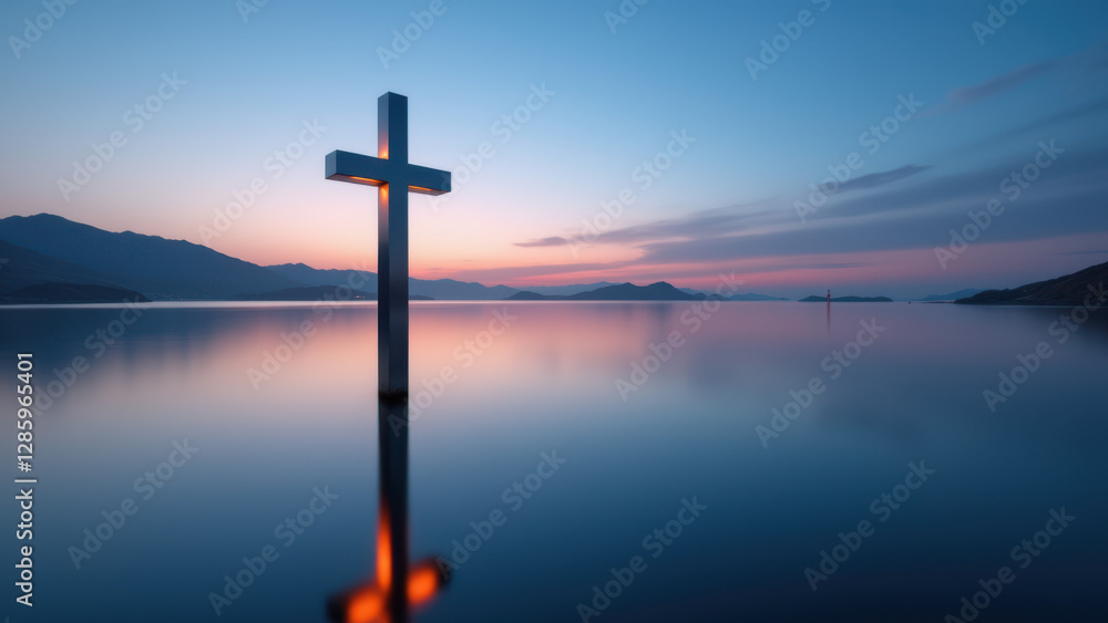 Christian cross on calm water at sunset. Christian cross on calm water at sunset.