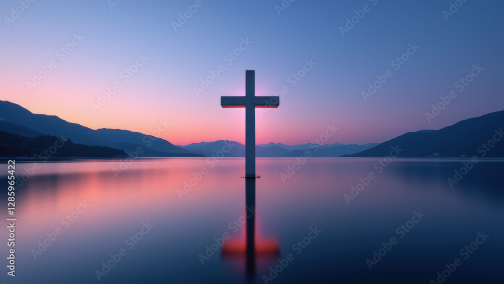 Cross on water during sunset with mountain backdrop, symbolic Christian imagery. Cross on water during sunset with mountain backdrop, symbolic Christian imagery.