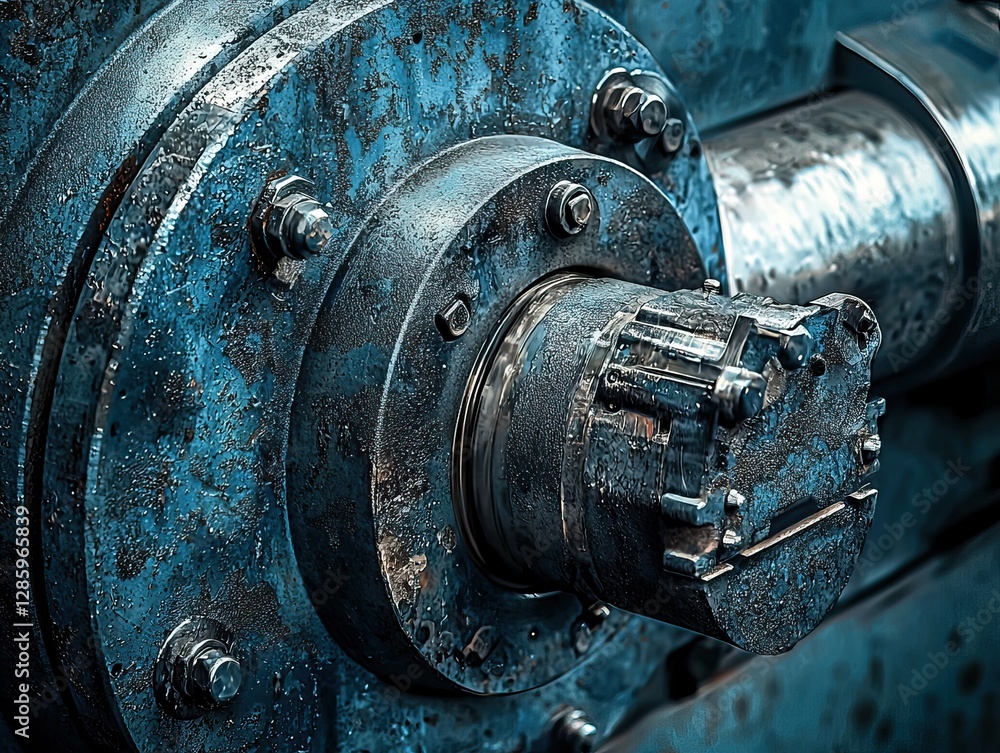 Close-up of an industrial mechanical gearbox with bolts and metal textures in a blue worn-out finish Close-up of an industrial mechanical gearbox with bolts and metal textures in a blue worn-out finish