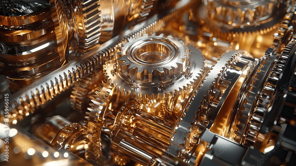 Close-up of intricate golden mechanical gears in motion, symbolizing precision engineering and technology Close-up of intricate golden mechanical gears in motion, symbolizing precision engineering and technology