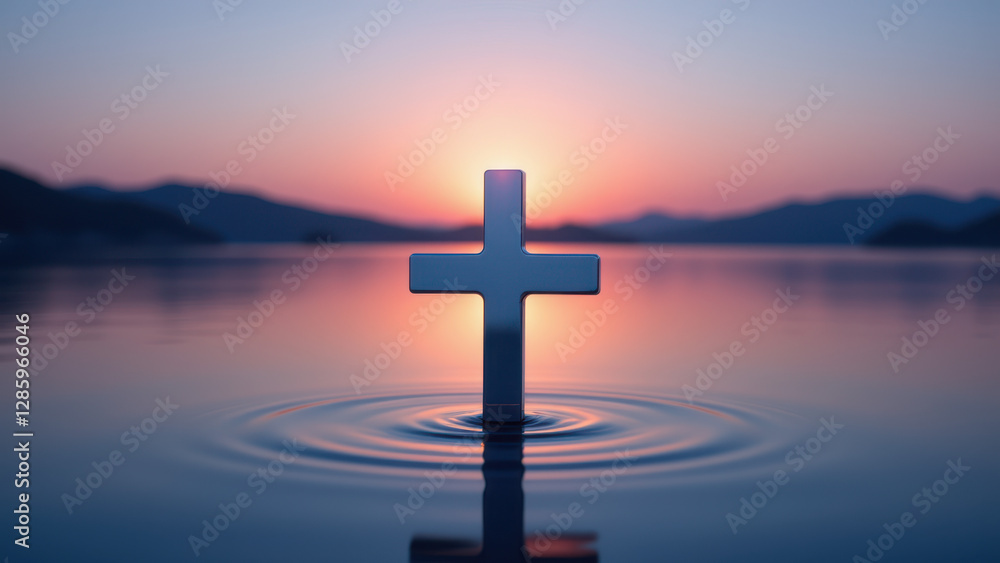 Reflection of Christian cross in water at sunrise. Reflection of Christian cross in water at sunrise.
