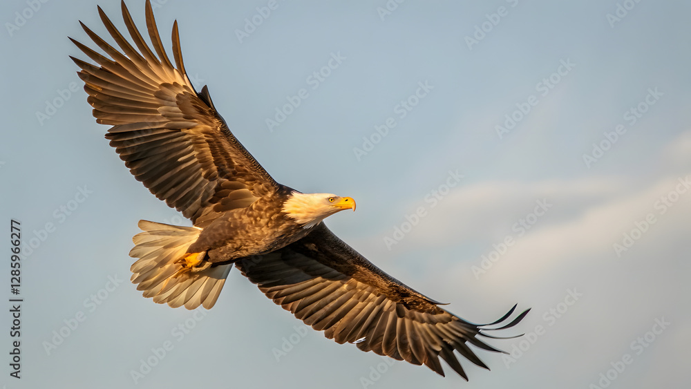 Obraz premium Majestic Golden American Bald Eagle Soaring Symbolizing Strength and Freedom. Perfect for: Independence Day, National Emblem Celebrations, Patriotic Events