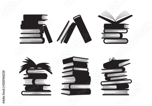 Creative Vector Illustration of Stacked Books in Various Arrangements - Perfect for Educational Content