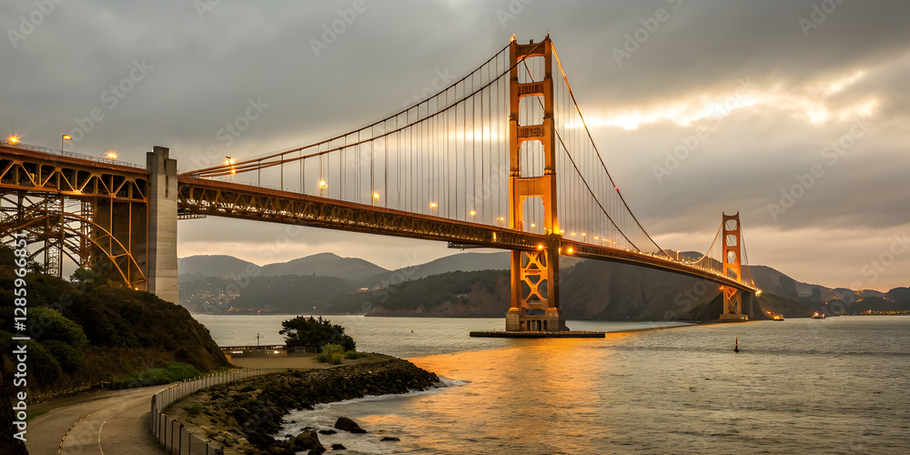 Fototapeta premium Golden Bridge Spanning Across Symbolizing Connection and Unity. Perfect for: Infrastructure Summits, National Unity Celebrations