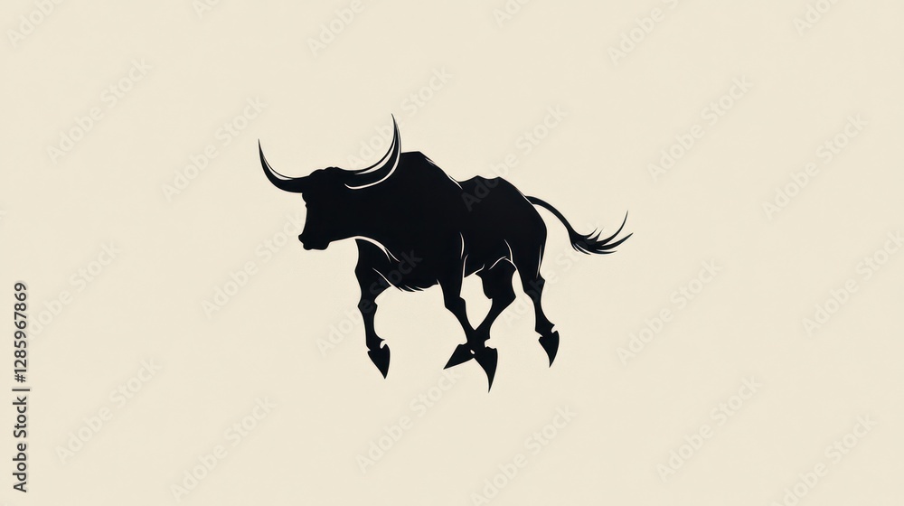 Fototapeta premium Silhouetted bull, dynamic pose, neutral background. Possible use Stock photo