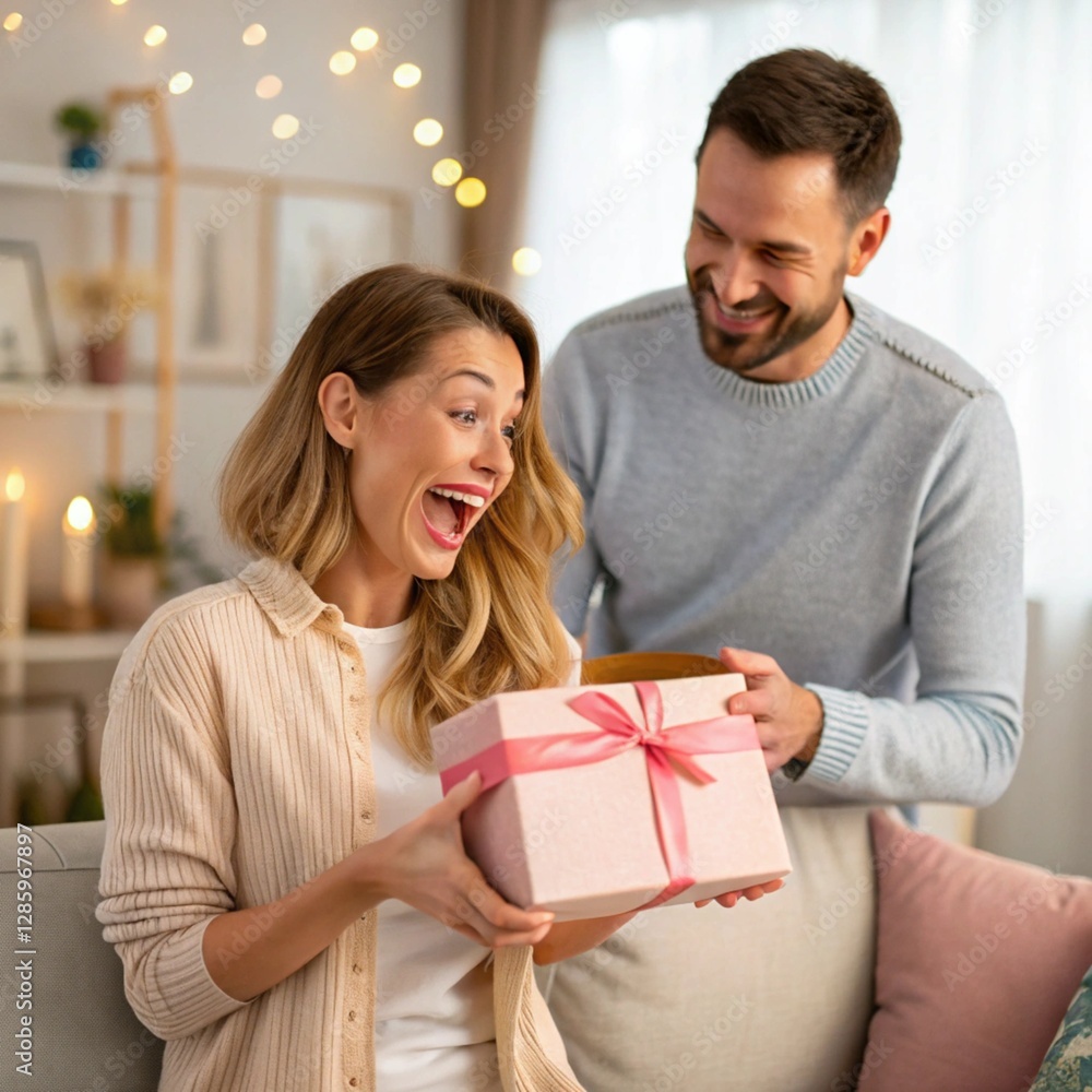 A husband surprises his wife by a wonderful gift on her birthday A husband surprises his wife by a wonderful gift on her birthday