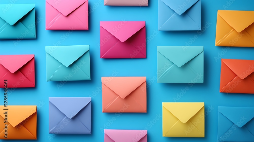 Brightly colored paper envelopes on a vivid blue background, symbolizing the concept of digital communication, email, and the colorful energy of marketing and online distribution Brightly colored paper envelopes on a vivid blue background, symbolizing the concept of digital communication, email, and the colorful energy of marketing and online distribution