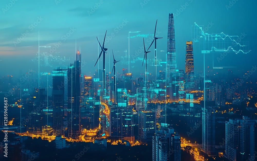 Fototapeta premium City skyline featuring digital wind turbines and solar panels