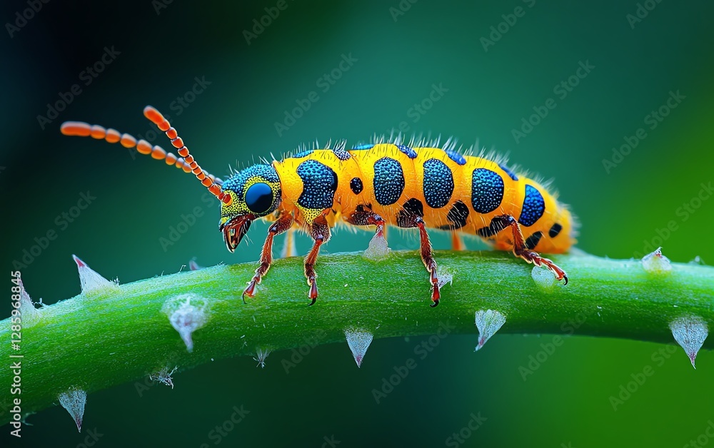 Closeup shot of a colorful insect crawling on a green stem, capturing the vivid details of the larvas movement, with a blurred nature background in a garden setting Closeup shot of a colorful insect crawling on a green stem, capturing the vivid details of the larvas movement, with a blurred nature background in a garden setting