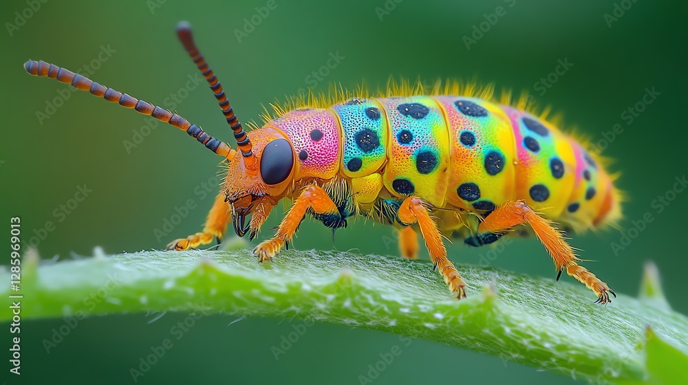 Naklejka premium Colorful insect moving on a vibrant green stem, macro photo focusing on the details of the larva, with a blurred garden background enhancing the nature scene
