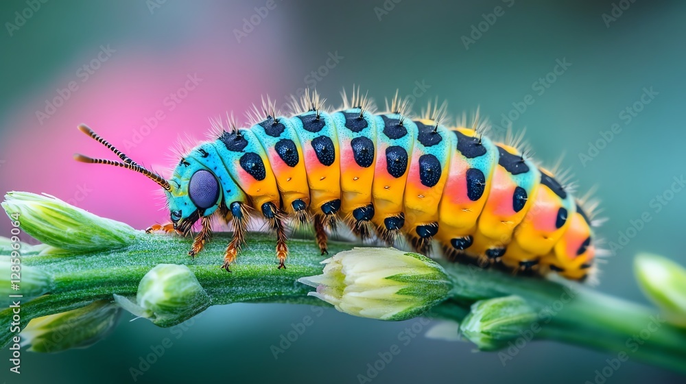 Colorful insect moving on a vibrant green stem, macro photo focusing on the details of the larva, with a blurred garden background enhancing the nature scene Colorful insect moving on a vibrant green stem, macro photo focusing on the details of the larva, with a blurred garden background enhancing the nature scene