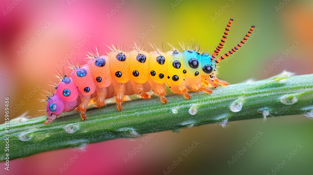 Detailed macro photo of a colorful larva moving along a green stem, with vivid colors and a soft nature background blurred to emphasize the insects movement Detailed macro photo of a colorful larva moving along a green stem, with vivid colors and a soft nature background blurred to emphasize the insects movement