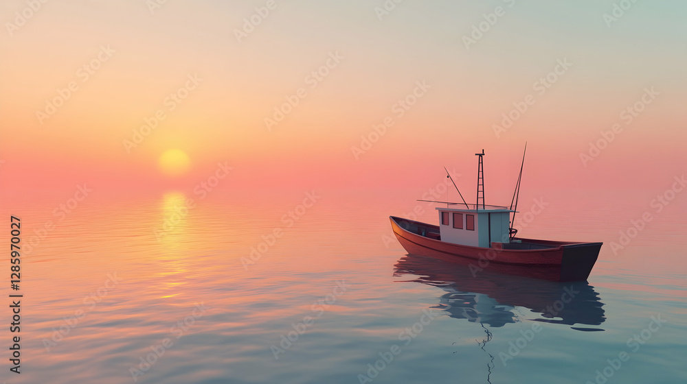 Fototapeta premium A peaceful fishing boat floating on a calm sea at sunrise, embracing the stillness of dawn - 