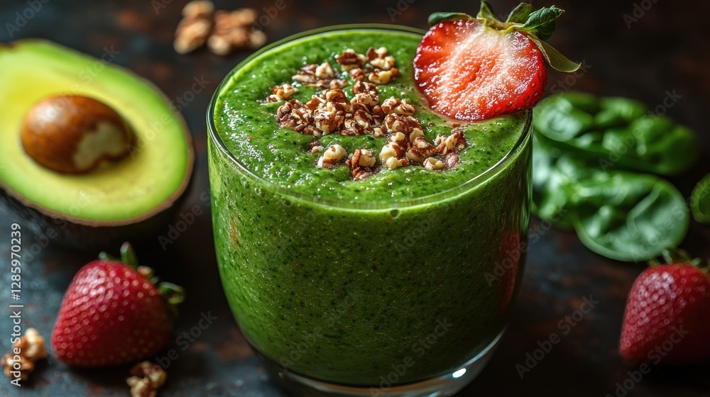 Green smoothie with avocado, strawberries, and walnuts on dark background Green smoothie with avocado, strawberries, and walnuts on dark background