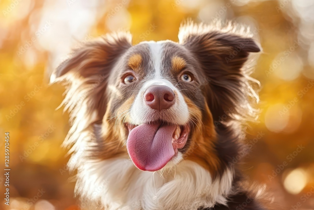playful australian shepherd with heterochromatic eyes captured midheadtilt tongue out against a softfocus natural backdrop with warm autumn colors playful australian shepherd with heterochromatic eyes captured midheadtilt tongue out against a softfocus natural backdrop with warm autumn colors