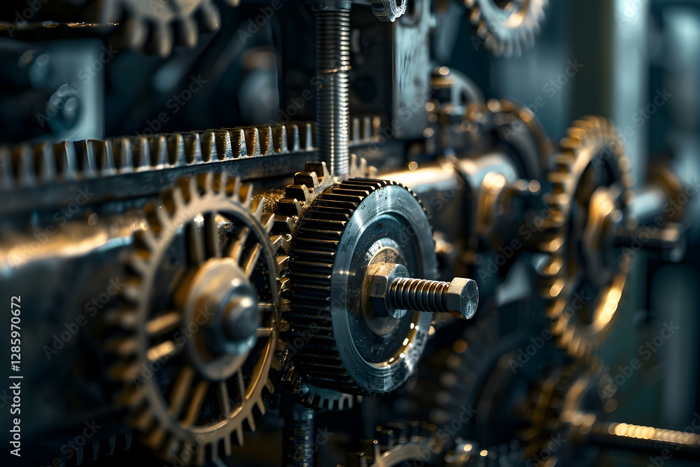 Close-up of interlocking metal gears in a vintage machinery setting, showcasing intricate details Close-up of interlocking metal gears in a vintage machinery setting, showcasing intricate details