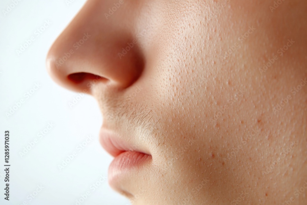 A person's nose in close-up on a white background, ideal for beauty or medical uses A person's nose in close-up on a white background, ideal for beauty or medical uses