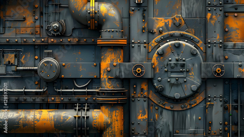 Wallpaper Mural Industrial metal wall with rusty pipes, bolts, and mechanical details in a factory setting Torontodigital.ca