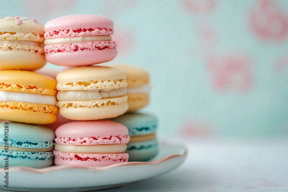 Fototapeta premium Colorful macarons stacked neatly on a plate with pastel colors